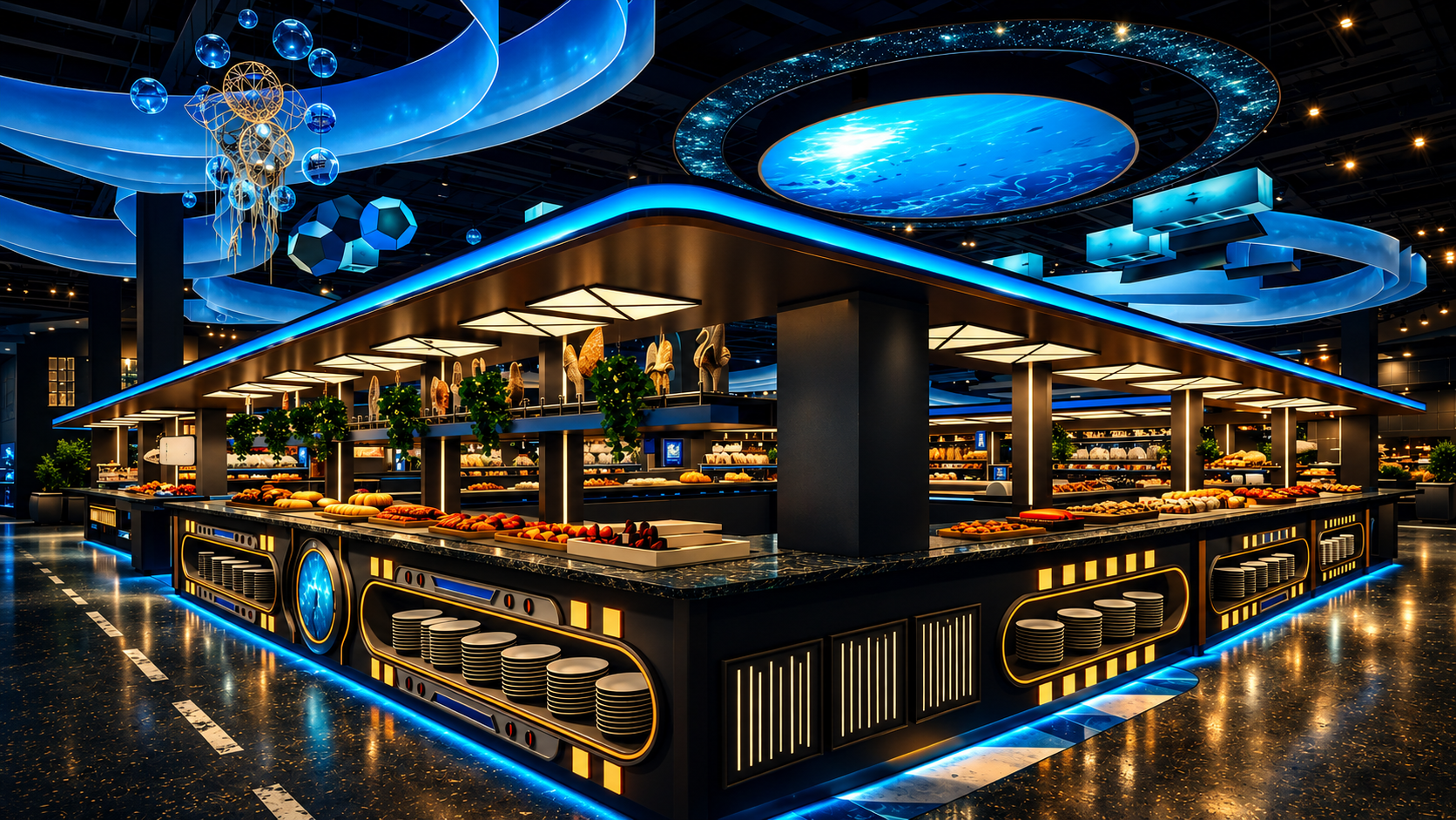 Grand îlot de buffet au cœur de l’espace Grand Pacific